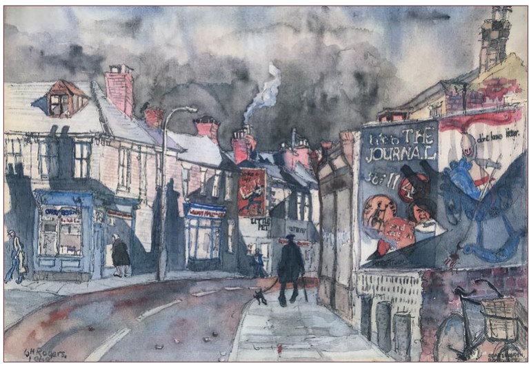 A Tyneside back street by Charlie Rogers, terraced houses under a smoking sky with a lone figure and a dog